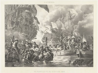 Matka Chathamiin ja kuninkaallisen Kaarlen valloitus, 1667 Valloitus Chattamissa. 1666 (otsikko esineessä) tekijältä Carel Christiaan Antony Last