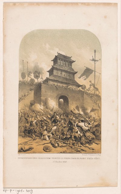 Ranskan ja brittiläiset joukot ryntäsivät Pekingin vanhaan kesäpalatsiin Liittoutuneiden joukkojen saapuminen Pekingiin Tchâo-Yânt-portin kautta, 22. lokakuuta 1860 (otsikko esineessä) tekijältä Carel Christiaan Antony Last