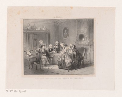 Joseph-Ignace Guillotin katselee miniatyyrikiljotiinia Tohtori Guillotin ja hänen keksintönsä (nimi esineessä) tekijältä Carel Christiaan Antony Last