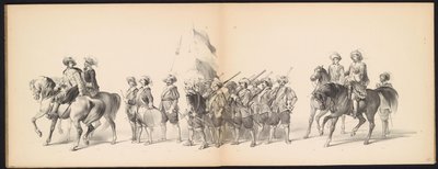 Leidenin opiskelijoiden naamiaiset, 1850 (taulu 10) Frederik Hendrikin intogt Hertogenboschissa vuonna 1629: H.H. Vuoden 1850 Leydsche Hoogeschool den XI Junij -koulun opiskelijat (sarjan nimi esineessä) tekijältä Carel Christiaan Antony Last