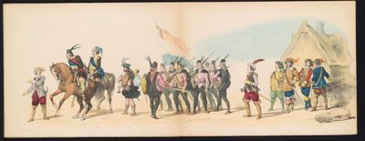 Leidenin opiskelijoiden naamiaiset, 1850 (levy 11) Frederik Hendrikin intogt Hertogenboschissa vuonna 1629: H.H. Vuoden 1850 Leydsche Hoogeschool den XI Junij -koulun opiskelijat (sarjan nimi esineessä) tekijältä Carel Christiaan Antony Last