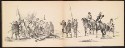 Leidenin opiskelijoiden naamiaiset, 1850 (taulu 12) Frederik Hendrikin intogt Hertogenboschissa vuonna 1629: H.H. Vuoden 1850 Leydsche Hoogeschool den XI Junij -koulun opiskelijat (sarjan nimi esineessä) tekijältä Carel Christiaan Antony Last