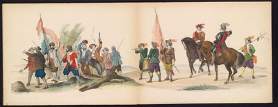 Leidenin opiskelijoiden naamiaiset, 1850 (taulu 12) Frederik Hendrikin intogt Hertogenboschissa vuonna 1629: H.H. Vuoden 1850 Leydsche Hoogeschool den XI Junij -koulun opiskelijat (sarjan nimi esineessä) tekijältä Carel Christiaan Antony Last