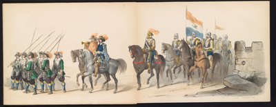 Leidenin opiskelijoiden naamiaiset, 1850 (taulu 13) Frederik Hendrikin intogt Hertogenboschissa vuonna 1629: H.H. Vuoden 1850 Leydsche Hoogeschool den XI Junij -koulun opiskelijat (sarjan nimi esineessä) tekijältä Carel Christiaan Antony Last