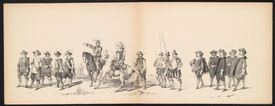 Leidenin opiskelijoiden naamiaiset, 1850 (levy 2) Frederik Hendrikin intogt Hertogenboschissa vuonna 1629: H.H. Vuoden 1850 Leydsche Hoogeschool den XI Junij -koulun opiskelijat (sarjan nimi esineessä) tekijältä Carel Christiaan Antony Last