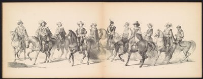 Leidenin opiskelijoiden naamiaiset, 1850 (levy 7) Frederik Hendrikin intogt Hertogenboschissa vuonna 1629: H.H. Vuoden 1850 Leydsche Hoogeschool den XI Junij -koulun opiskelijat (sarjan nimi esineessä) tekijältä Carel Christiaan Antony Last