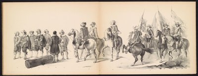 Leidenin opiskelijoiden naamiaiset, 1850 (levy 9) Frederik Hendrikin intogt Hertogenboschissa vuonna 1629: H.H. Vuoden 1850 Leydsche Hoogeschool den XI Junij -koulun opiskelijat (sarjan nimi esineessä) tekijältä Carel Christiaan Antony Last