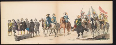Leidenin opiskelijoiden naamiaiset, 1850 (levy 9) Frederik Hendrikin intogt Hertogenboschissa vuonna 1629: H.H. Vuoden 1850 Leydsche Hoogeschool den XI Junij -koulun opiskelijat (sarjan nimi esineessä) tekijältä Carel Christiaan Antony Last