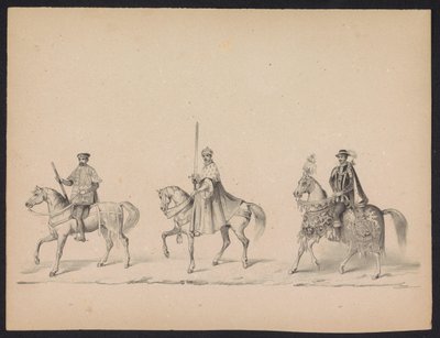 Utrechtin opiskelijoiden naamiaiset, 1846 (levy 14) Kuvaus pukeutuneesta kulkueesta, joka kuvaa Espanjan prinssin Philip II:n kulkuetta Utrechtissa 3. lokakuuta 1549, piti 17. kesäkuuta 1846, H.H. Utrechtschen opiskelijat tekijältä Carel Christiaan Antony Last