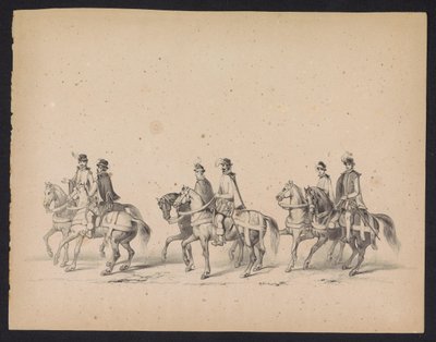 Utrechtin opiskelijoiden naamiaiset, 1846 (levy 5) Kuvaus pukeutuneesta kulkueesta, joka kuvaa Espanjan prinssin Philip II:n kulkuetta Utrechtissa 3. lokakuuta 1549, piti 17. kesäkuuta 1846, H.H. Utrechtschen opiskelijat tekijältä Carel Christiaan Antony Last