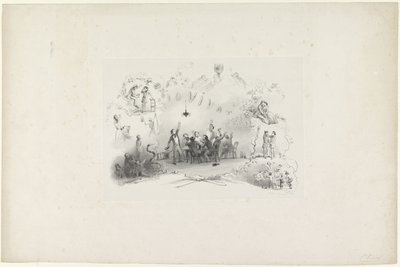 Sarjakuva Leidenin opiskelijaalmanakista, 1849 Io Vivat (otsikko esineessä) tekijältä Carel Christiaan Antony Last