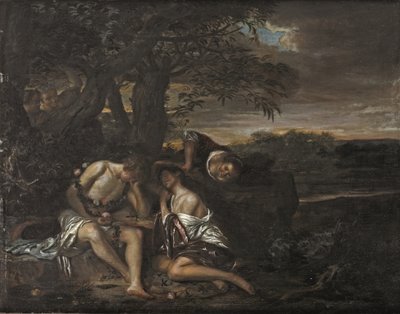 Um casal dormindo, descoberto por três mulheres em uma paisagem da Arcadia (óleo sobre painel)finlandês tekijältä Carel De Moor II (attr. to)