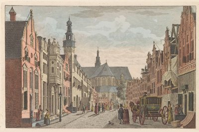 Langestraat Alkmaarissa, noin 1790 Langestraat, kaupungintalo ja Grote Kerk Alkmaarissa / Rue longuessa - Hotel de Ville - et grande Eglise à Alkmaar (otsikko esineessä) tekijältä Carel Frederik Bendorp (I)