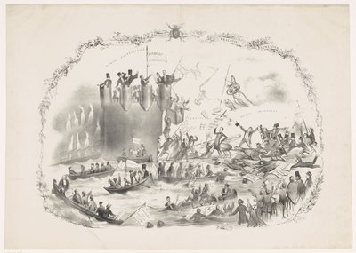 Sarjakuva Thorbecken suunnitelmista lakkauttaa Utrechtin ammattikorkeakoulu, 1863 Taistelu kahden voimakkaan elementin välillä (otsikko esineessä) tekijältä Carel Hendrik Thiebout