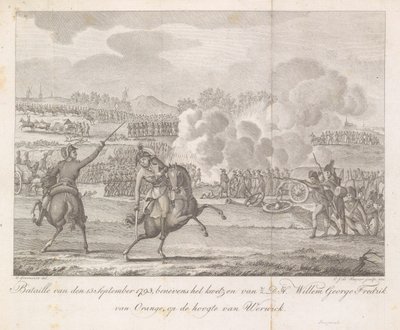 Prinssi Frederik haavoittuu Wervikissä vuonna 1793 Bataille 13. syyskuuta 1793, lisäksi H.D.H. Willem George Fredrik of Orange, Werwickin rinnalla (otsikko esineessä) tekijältä Carel Jacob de Huyser