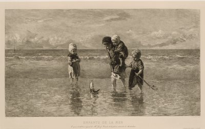 Neljä lasta leikkii leluveneellä rannalla matalassa merivedessä Meren lapset Enfants de la mer (nimi esineessä) tekijältä Carel Lodewijk Dake