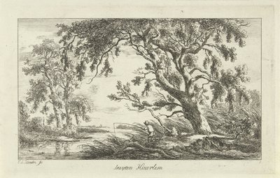 Kalastaja jokimaisemassa Buyten Haarlem (otsikko esineessä) Maisemat (a-f) (sarjan nimi) tekijältä Carel Lodewijk Hansen