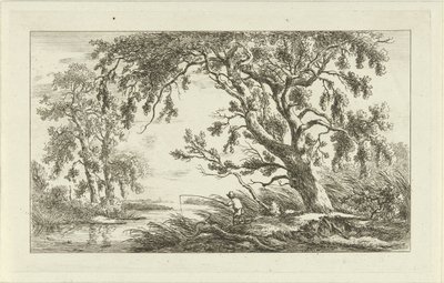Kalastaja jokimaisemassa Maisemat (a-f) (sarjan nimi) tekijältä Carel Lodewijk Hansen