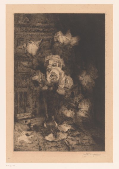 Maljakko ruusuilla pöydällä Fleurs (alkuperäinen nimi) tekijältä Carel Nicolaas Storm van 