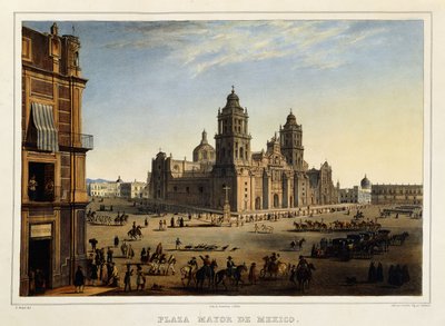 Plaza Mayor, Meksiko, n. 1839 (värilitografia) tekijältä Carl (after) Nebel