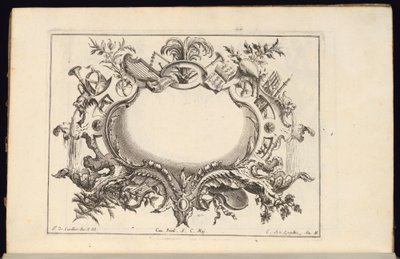 Cartouche with Musical Instruments, Livre de Cartouches Reguliers (Säännöllisten karttojen kirja) tekijältä Carl Albert von Lespilliez
