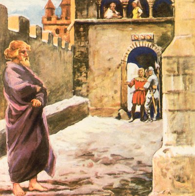 Keisari Henrik IV:n katumuskulkue Canossassa (tehostettu värilitografia). tekijältä Carl Arriens