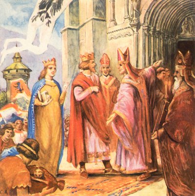 Kuningas Henrik II vihkii Bambergin tuomiokirkon (tehostettu värilitografia). tekijältä Carl Arriens