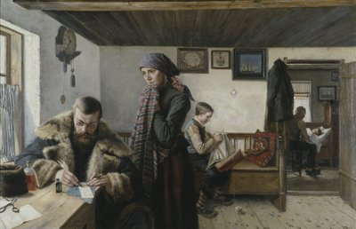 Vieraile domicile du docteurissa - Doctor Home Visit, kirjoittanut Aspelin, Karl (1857-1932). Öljy kankaalle. Mitat: 137,5 x 212 cm. Tukholman kansallismuseo tekijältä Carl Aspelin