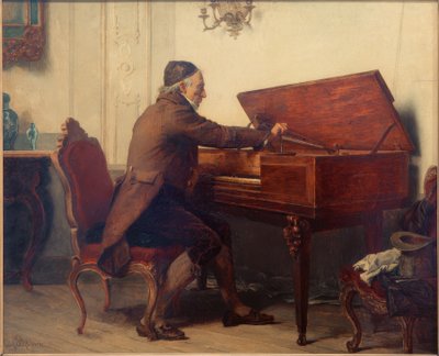 Mies pöydän ääressä piano tekijältä Carl Bernhard Schlösser