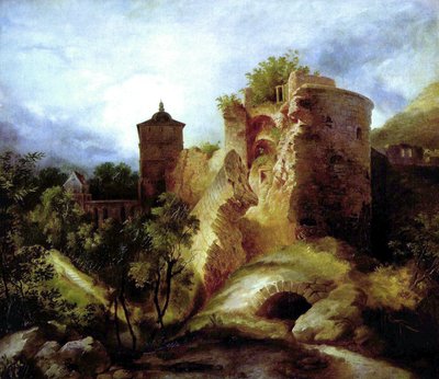 Saksa: Der gesprengte Turm des Heidelberger Schlosses Heidelbergin linnan räjäytetty torni. tekijältä Carl Blechen