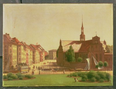Palatsiaukio ja Holmens Kirke, ikkunasta Christiansborgin linnassa, Kööpenhaminassa, 1866 tekijältä Carl Christian Constantin Hansen
