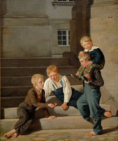 Nuoret pojat leikkivät noppaa Christiansborgin linnan edessä, Kööpenhamina, 1834 tekijältä Carl Christian Constantin Hansen