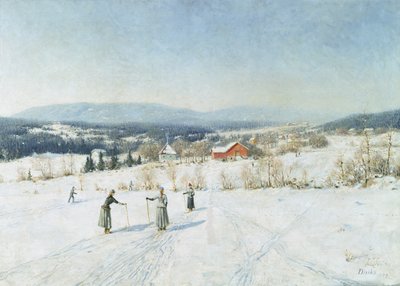 Maisema hiihtäjien kanssa tekijältä Carl Edvard Diriks