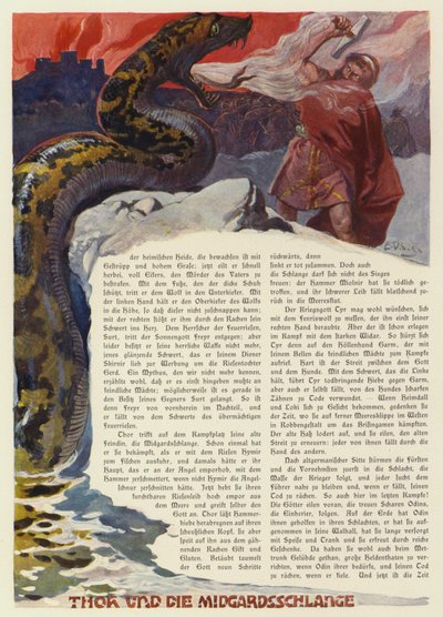 Thor taistelee Midgard-käärmettä vastaan Ragnarokin taistelussa (väri litho) tekijältä Carl Emil Doepler