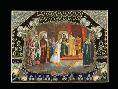 Yksityiskohta maalatusta pöytälaatikosta, jossa tsaari Aleksei Mihailovitš valitsi morsiamen, n. 1908-1917 tekijältä Carl Fabergé