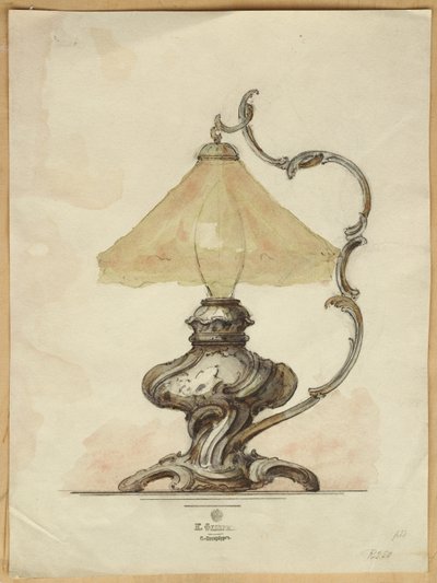 Piirustus rokokootyylisestä hopeisesta pöytävalaisimesta, jossa on kierretty uurrettu runko, House of Carl Faberge tekijältä Carl Fabergé