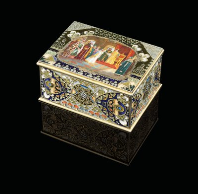 Pöytälaatikko, jossa on maalattu kartussi, joka kuvaa tsaari Aleksei Mihailovitšia valitsemassa morsian, n. 1908-1917 tekijältä Carl Fabergé