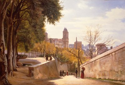 Näkymä Viale Trinità dei Montille, jossa on Villa Medicin suihkulähde, katsottuna Via di San Sebastianellolta, Rooma tekijältä Carl Frederick Aagaard