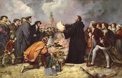 Martti Luther polttaa paavin bullan vuonna 1520 (väri litho) tekijältä Carl Friedrich (after) Lessing