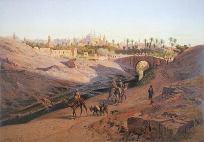 Näkymä Kairosta pohjoisesta ja Valkoinen moskeija, yksi G.W. Seitzin 24 kuvituksesta, painettu noin vuonna 1873 (värilitografia). tekijältä Carl Friedrich Heinrich (after) Werner