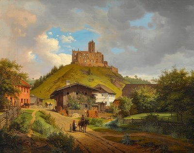 Hilgartsbergin linnan rauniot ja näkymä Hofmarkiin Tonavalla. 1829 tekijältä Carl Friedrich Heinzmann