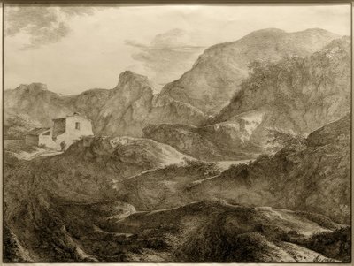 Gebirgslandschaft, links ein Haus mit einem Wanderer davor tekijältä Carl Friedrich von Rumohr