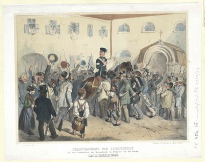 Perustuslain julistus kansalliskaartin kokoontumispaikalla Freihausissa Wiedenillä 15. maaliskuuta 1848 (värillinen litografia). tekijältä Carl Goebel
