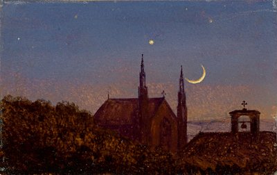 Saksa: Goottilainen kirkko puiden latvojen yläpuolella kuunvalossa (Pieni kuunvalossa oleva maisema ja pieni kirkko) tekijältä Carl Gustav Carus