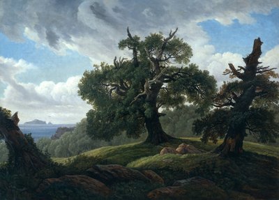 Itämeren metsäisen saaren muisto Tammipuut meren rannalla, 1835 tekijältä Carl Gustav Carus