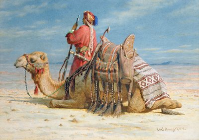 Nomadi ja hänen kamelinsa lepäävät aavikolla, 1874. tekijältä Carl Haag