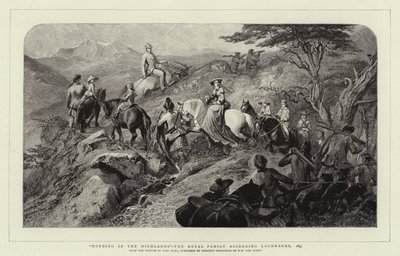 Morning in the Highlands, kuninkaallinen perhe nousemassa Lochnagariin, 1853 tekijältä Carl Haag