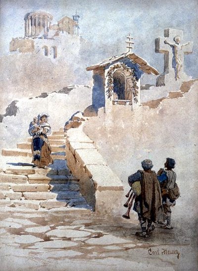 "Pifferari in Tivoli" (akvarelli paperille) tekijältä Carl Haag