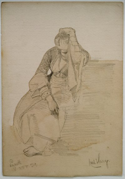 Tutkimus istuvasta naisesta, Nasaret, 1859 (lyijykynä ja pesuvesi paperille). tekijältä Carl Haag