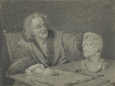 Valmistelija luonnostelee kipsipäätä tekijältä Carl Heinrich Mylius